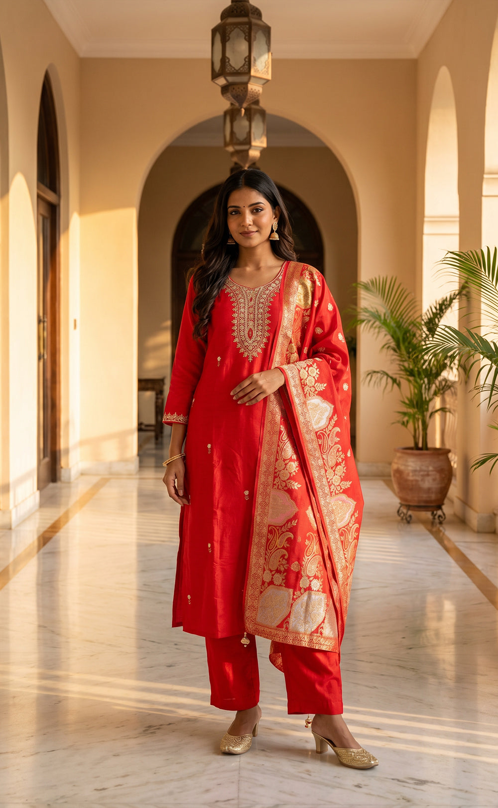 Red Fancy Beats Embroidery work Kurti set
