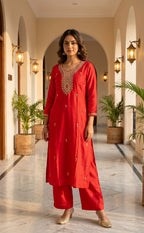 Red Fancy Beats Embroidery work Kurti set