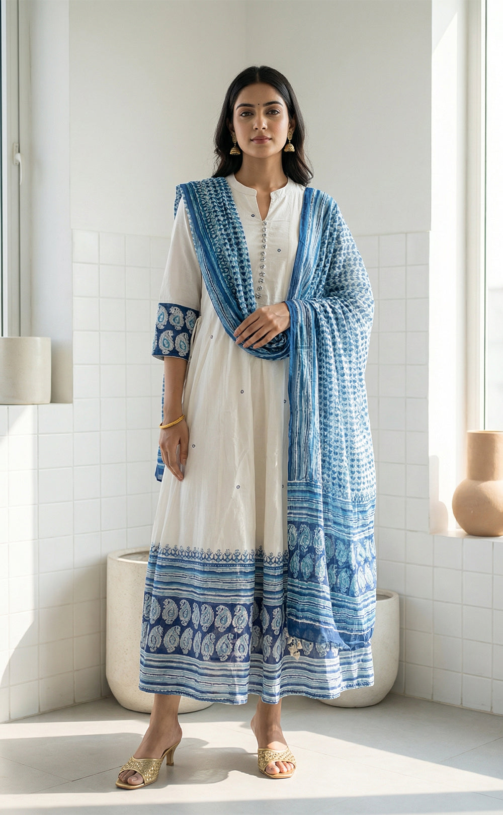 White Cotton Big Blue Border Printed Thread Fitting  Kurti set