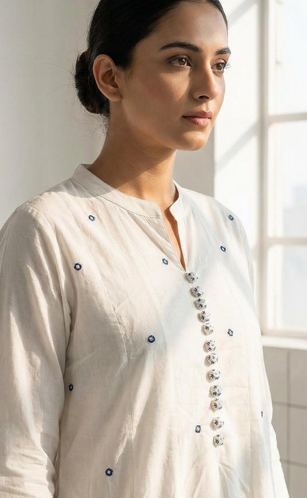 White Cotton Big Blue Border Printed Thread Fitting  Kurti set