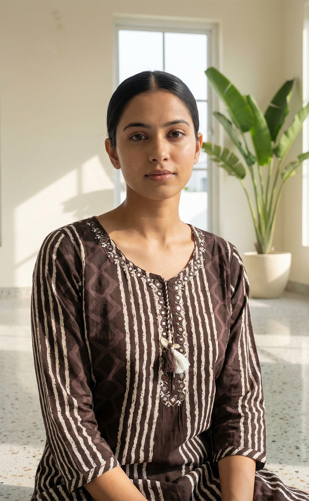 Dark Wine Cotton Mirror Thread Work with Lace Neck Kurti Set