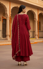Maroon Embroidered neck work Anarkali Kurti Set