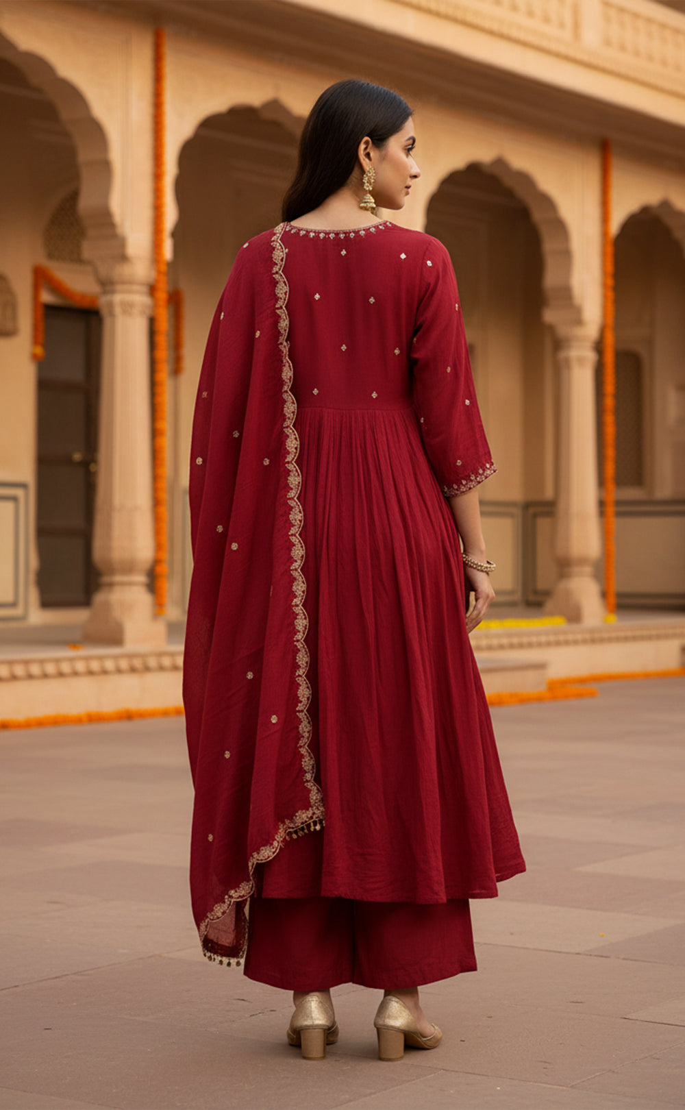 Maroon Embroidered neck work Anarkali Kurti Set