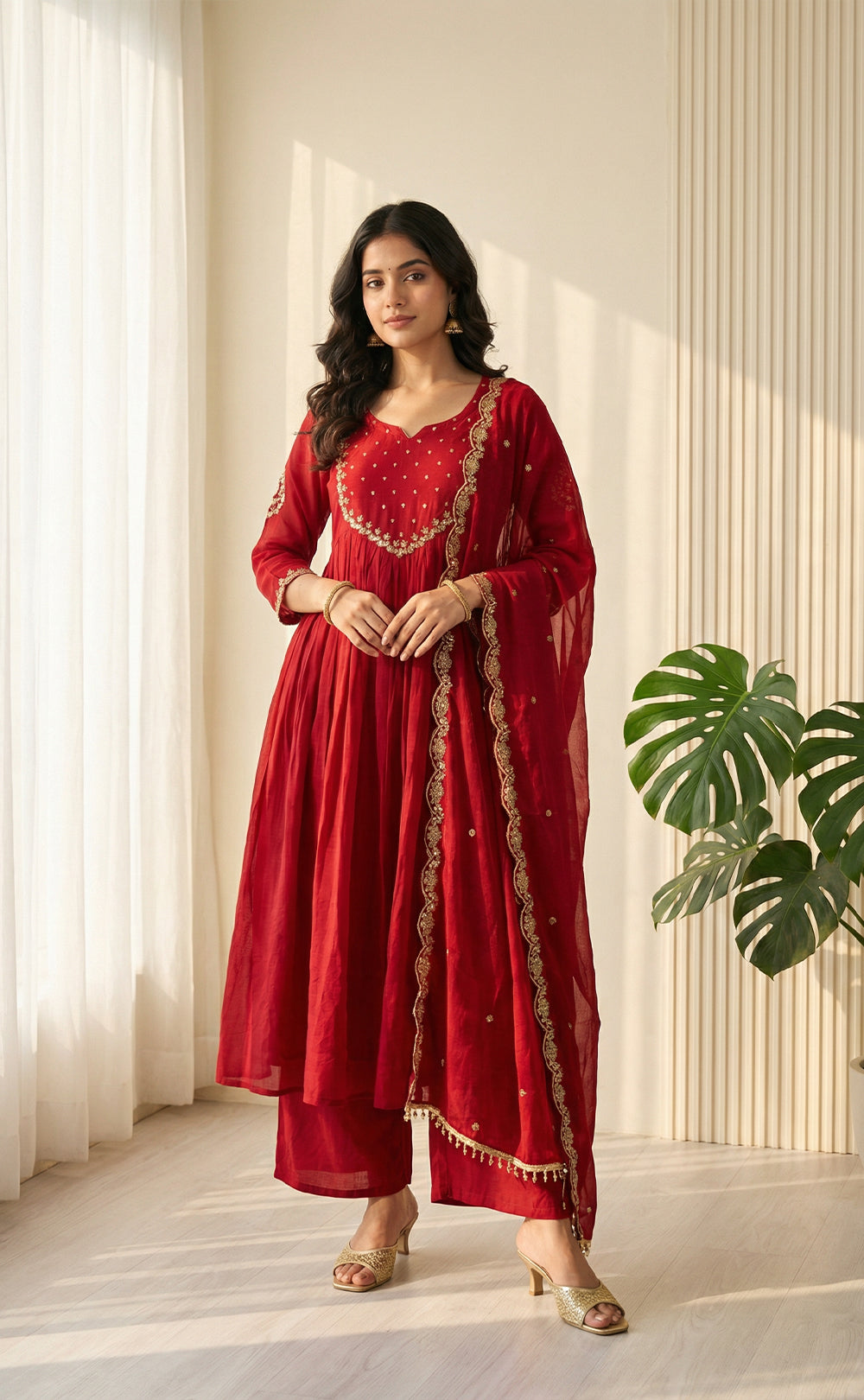 Maroon Embroidered neck work Anarkali Kurti Set