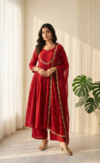 Maroon Embroidered neck work Anarkali Kurti Set