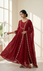 Maroon Embroidered neck work Anarkali Kurti Set