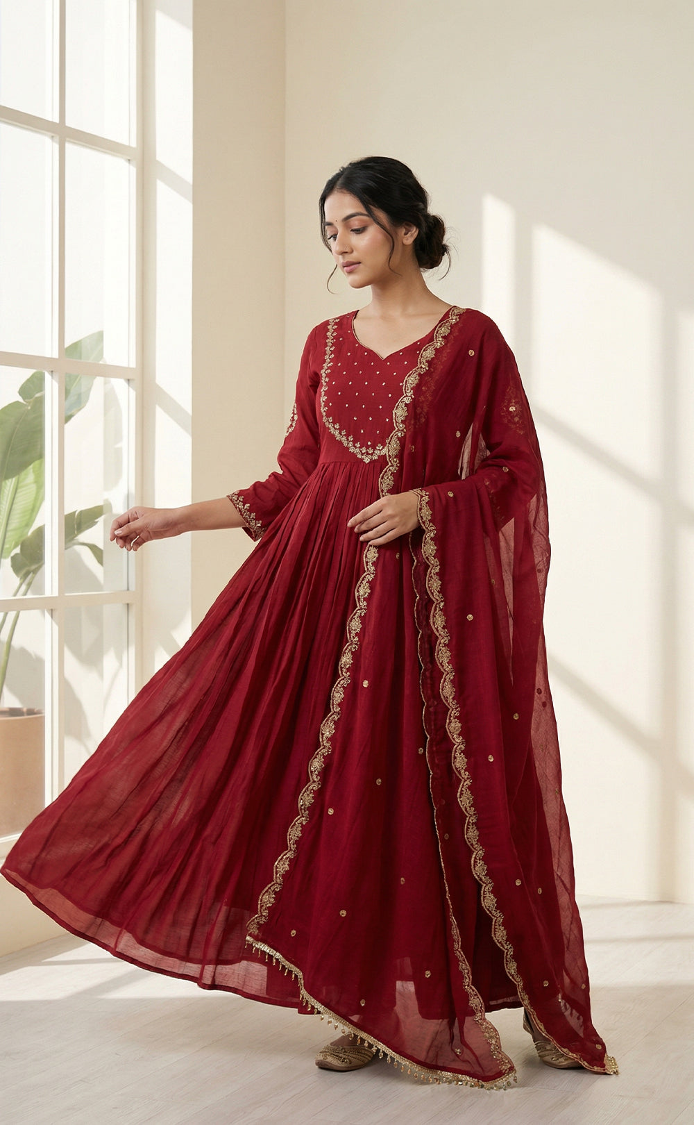 Maroon Embroidered neck work Anarkali Kurti Set