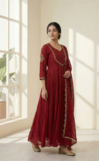 Maroon Embroidered neck work Anarkali Kurti Set