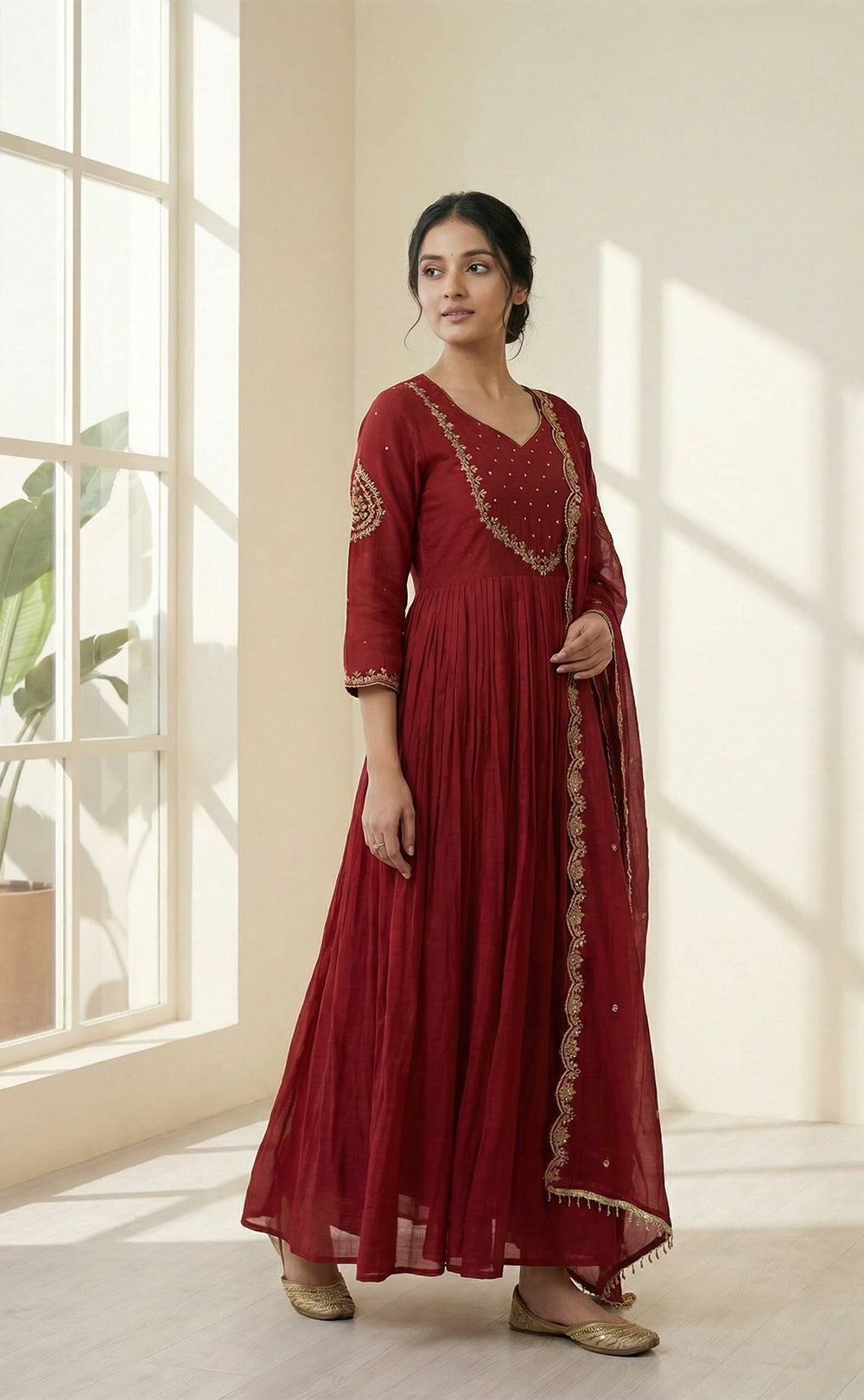 Maroon Embroidered neck work Anarkali Kurti Set
