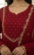 Maroon Embroidered neck work Anarkali Kurti Set