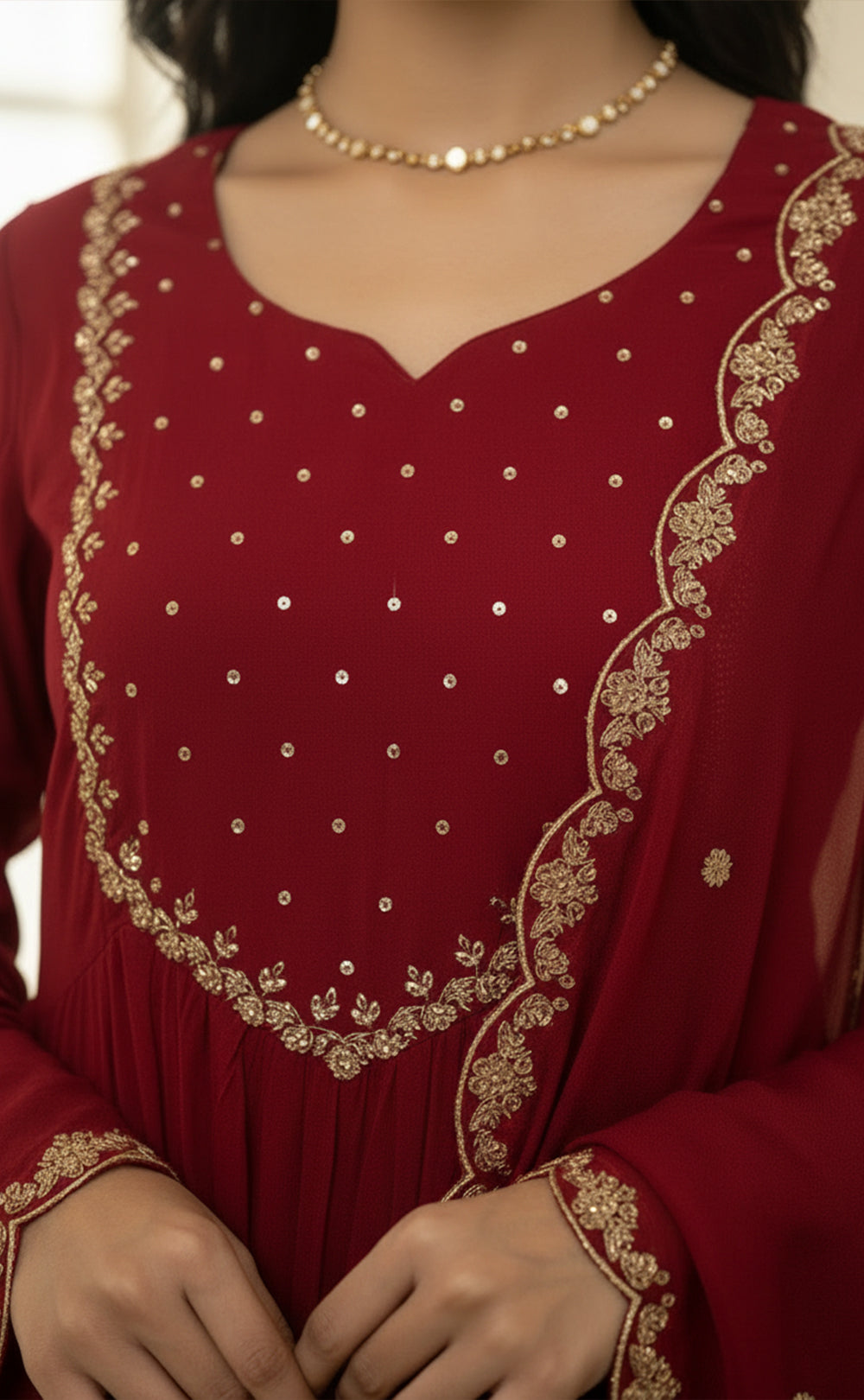 Maroon Embroidered neck work Anarkali Kurti Set