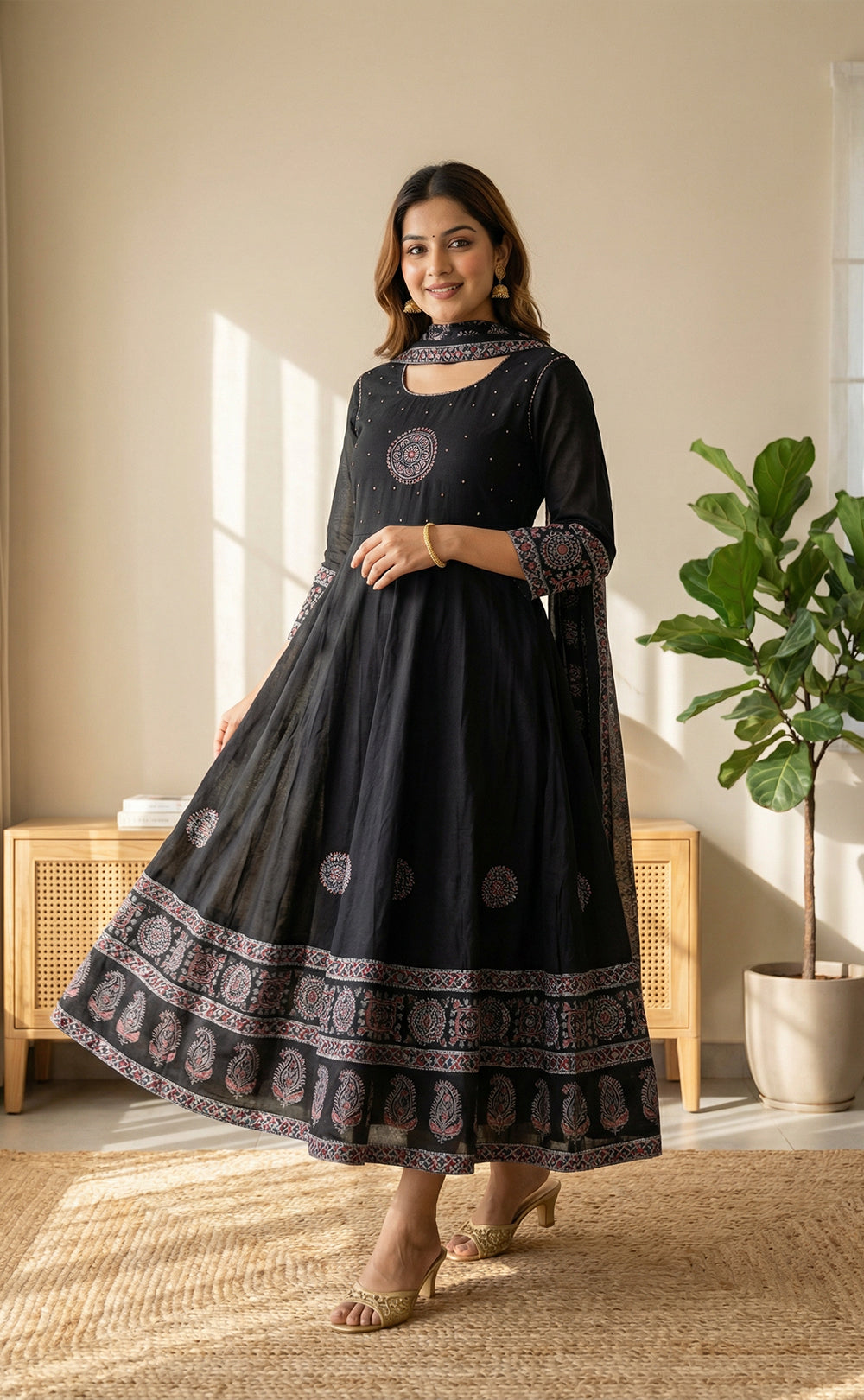 Black Cotton Ghera Kurti Set with Kanta neck work