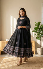 Black Cotton Ghera Kurti Set with Kanta neck work