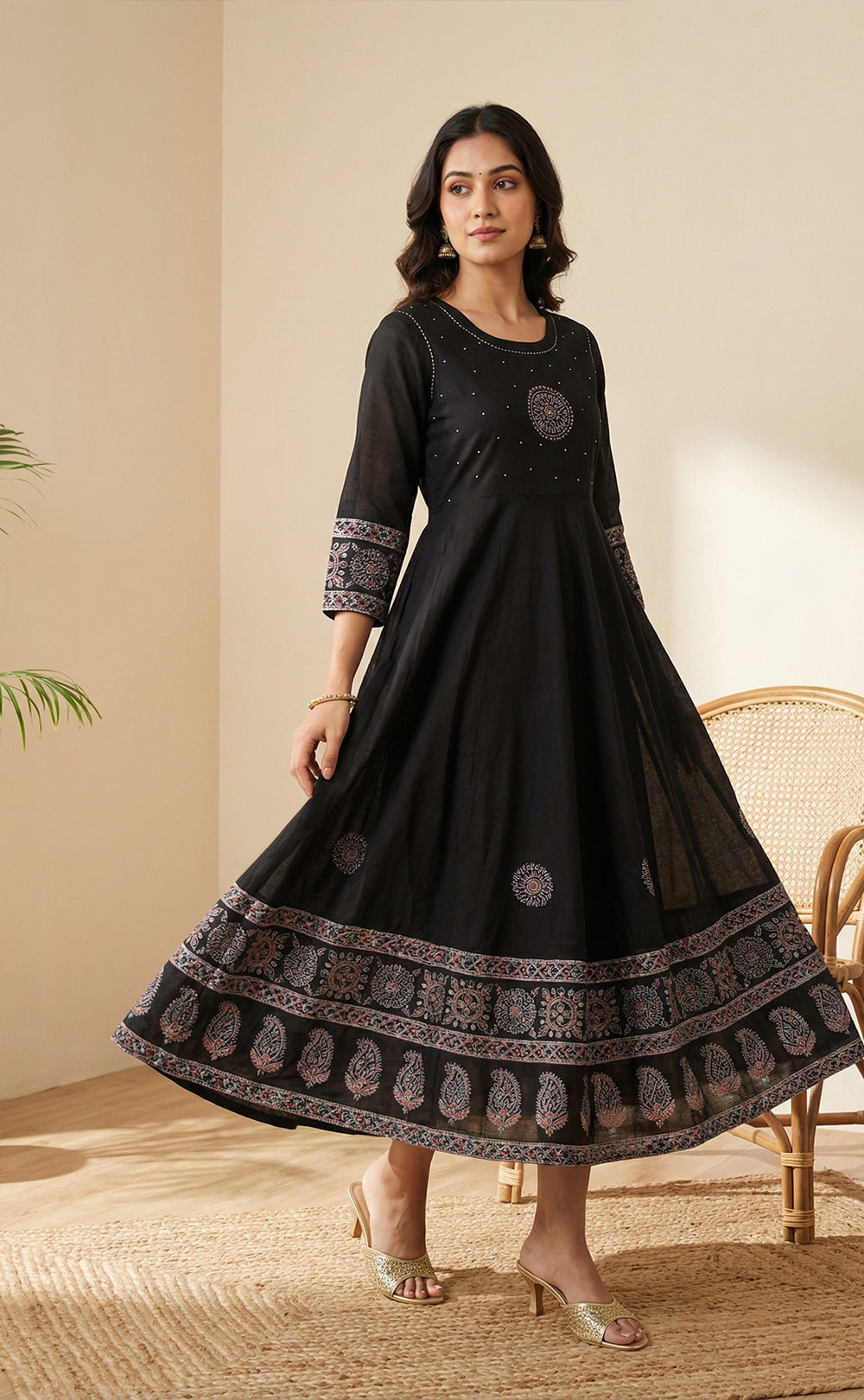 Black Cotton Ghera Kurti Set with Kanta neck work