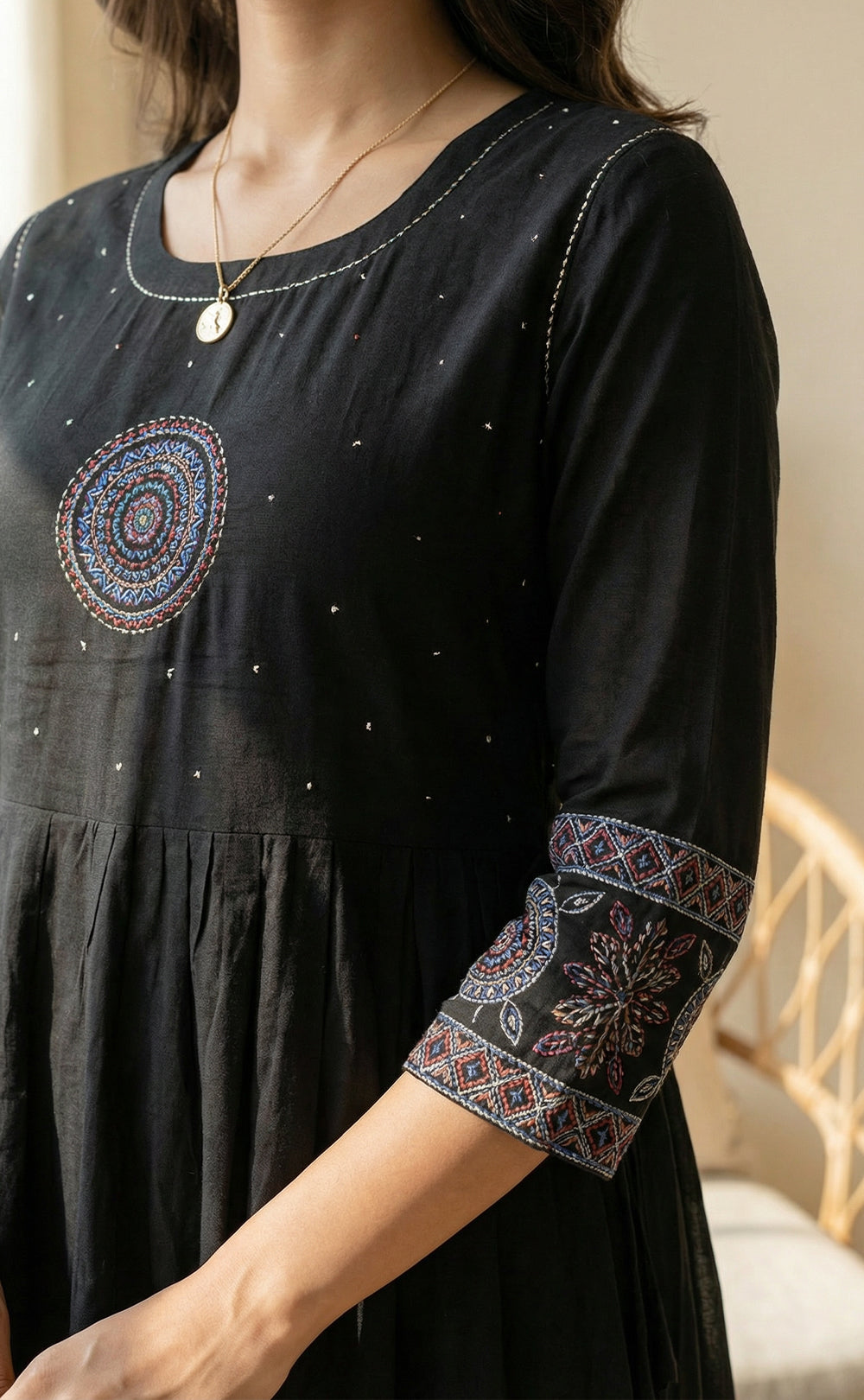 Black Cotton Ghera Kurti Set with Kanta neck work