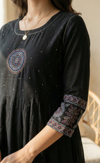 Black Cotton Ghera Kurti Set with Kanta neck work