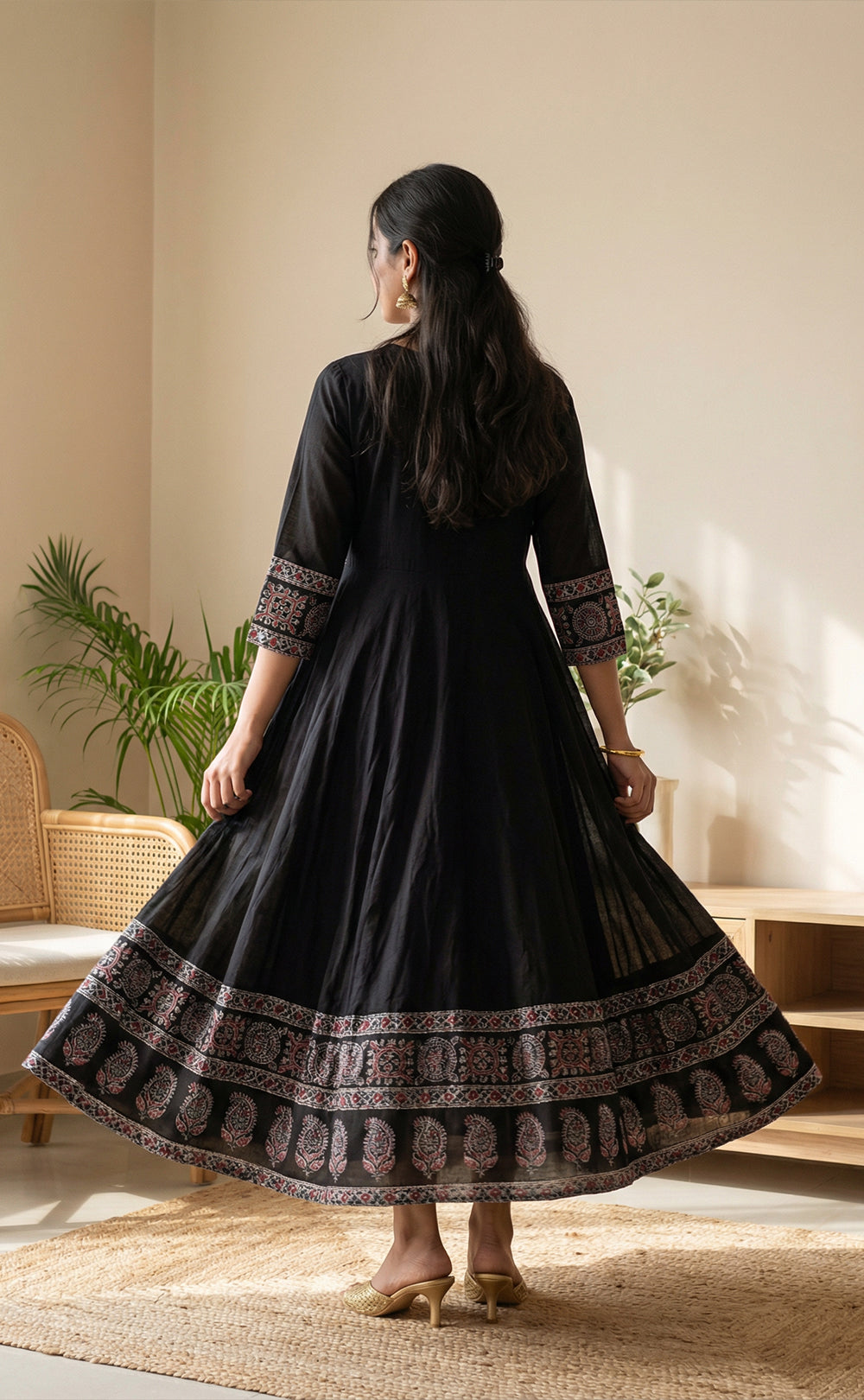 Black Cotton Ghera Kurti Set with Kanta neck work