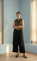 Black Cotton Plazo Set with Kalamkari Coat Pattren