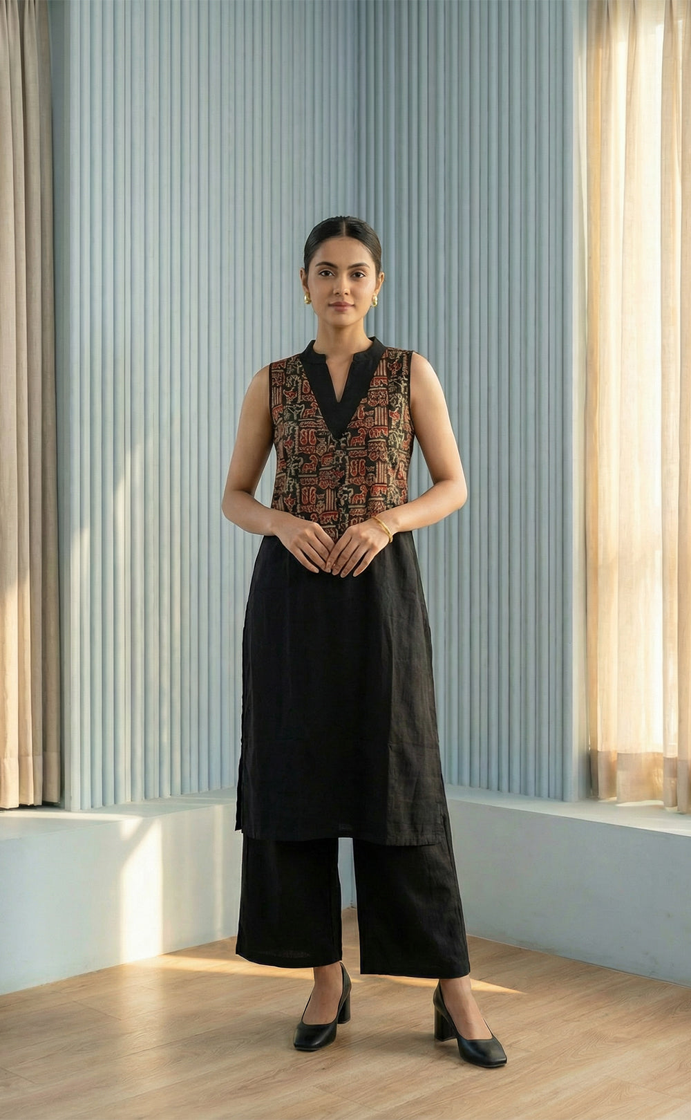 Black Cotton Plazo Set with Kalamkari Coat Pattren