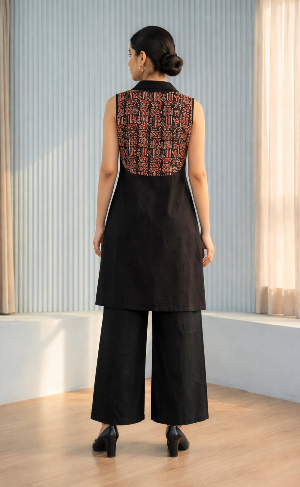 Black Cotton Plazo Set with Kalamkari Coat Pattren