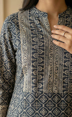 Black Grey printed Cotton Kurti Set with all over printed Dupatta