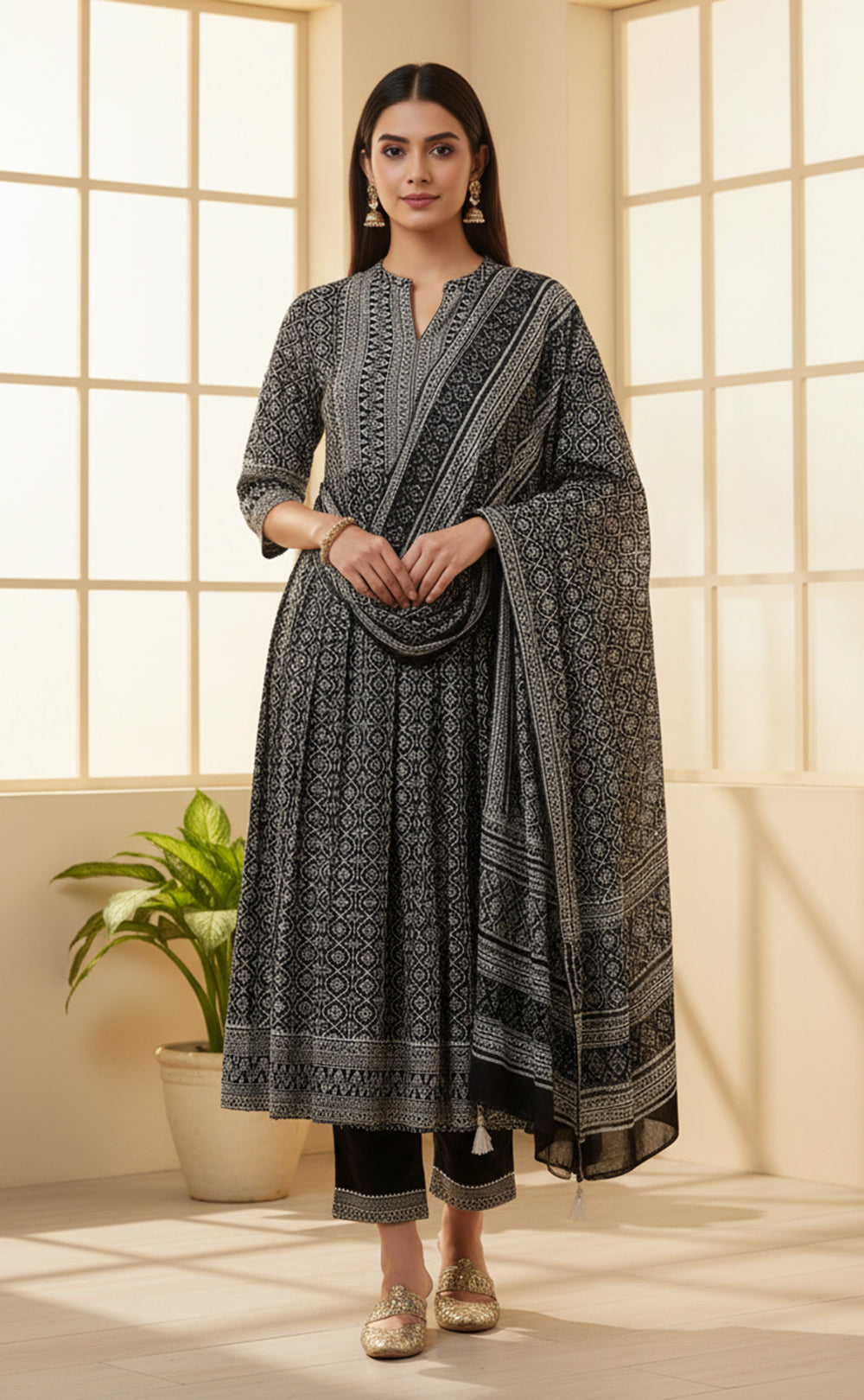 Black Grey printed Cotton Kurti Set with all over printed Dupatta