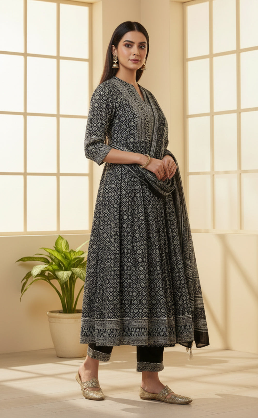 Black Grey printed Cotton Kurti Set with all over printed Dupatta