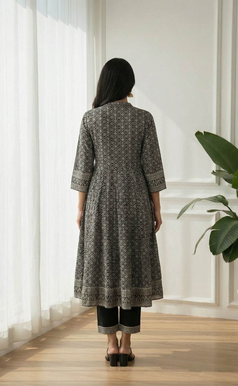 Black Grey printed Cotton Kurti Set with all over printed Dupatta
