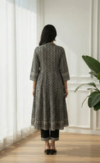 Black Grey printed Cotton Kurti Set with all over printed Dupatta