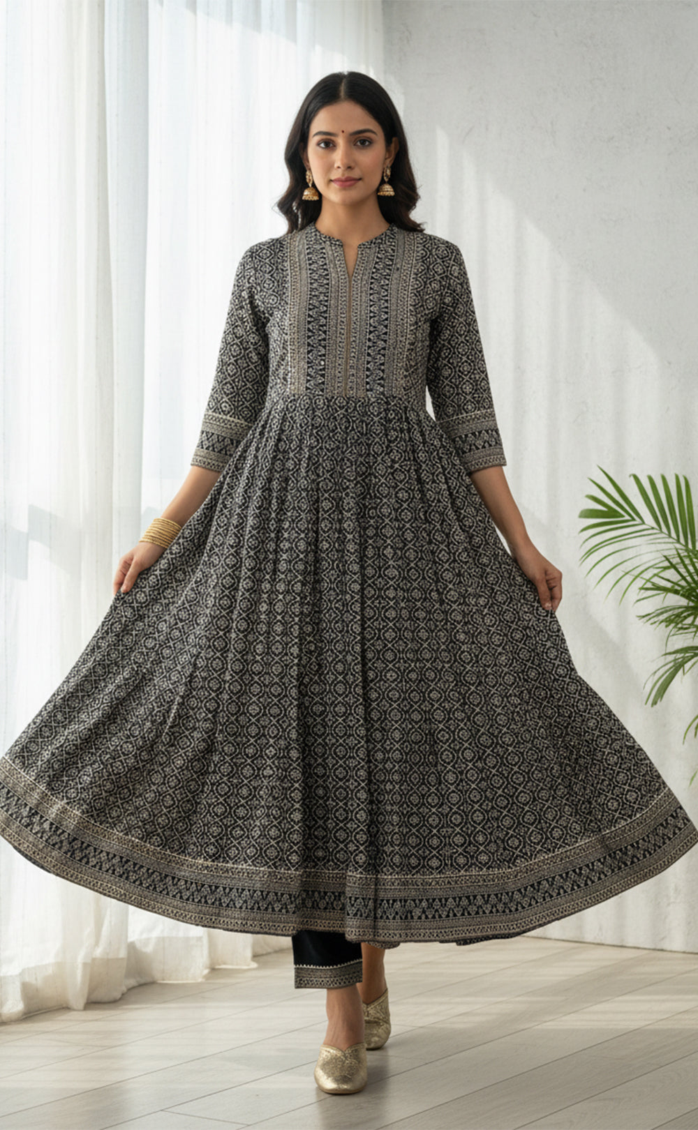 Black Grey printed Cotton Kurti Set with all over printed Dupatta