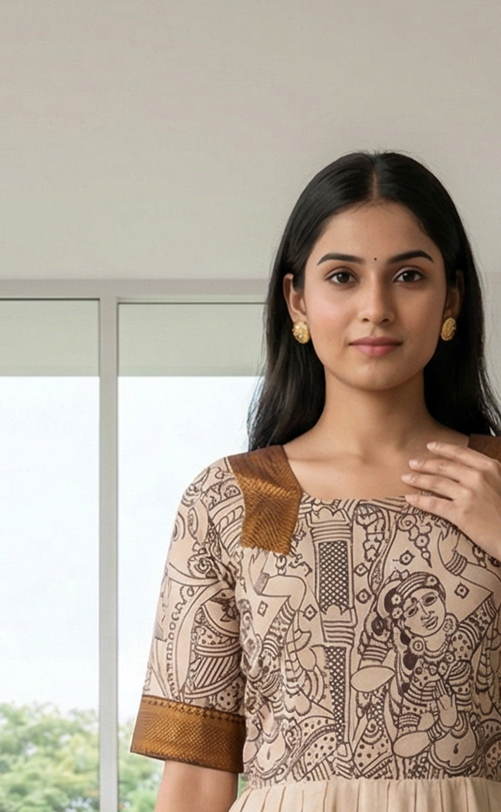 Cream Masriser Kalamkari Panel printed Kurti Gown with contrast Golden Border work