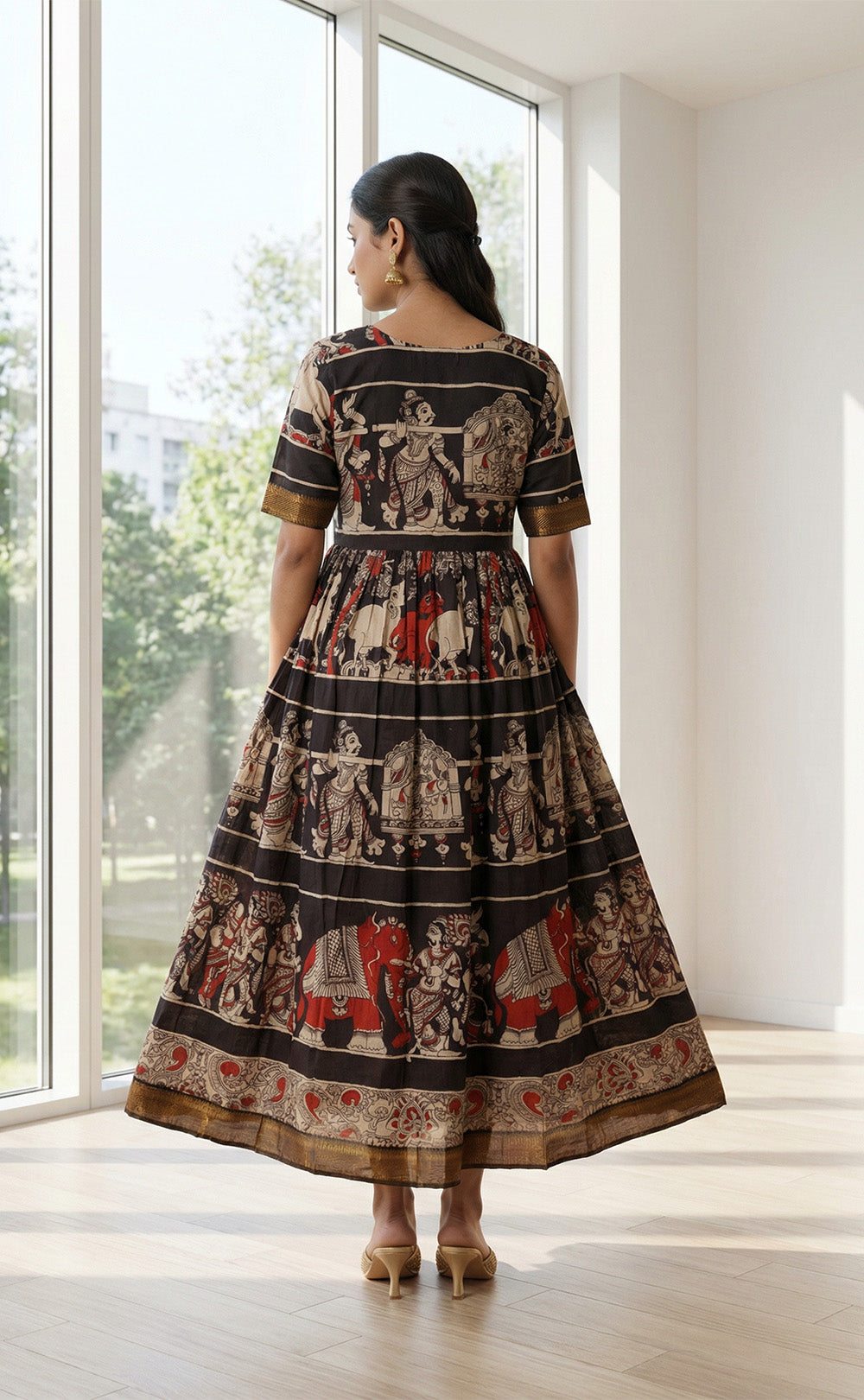 Masriser Black Kalamkari Panel printed Kurti Gown with contrast Golden Border work