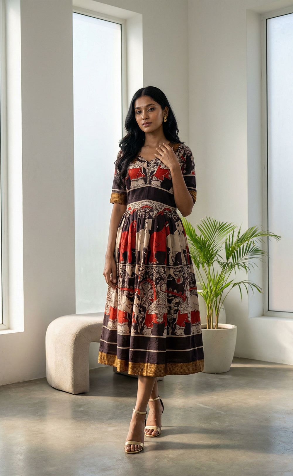 Masriser Black Kalamkari Panel printed Kurti Gown with contrast Golden Border work