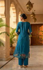 Blue Fancy Placement Printed and Beats Work Kurti Set
