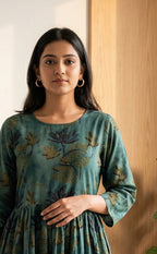 Forest Green Mal Cotton Ghera printed Flair Kurti