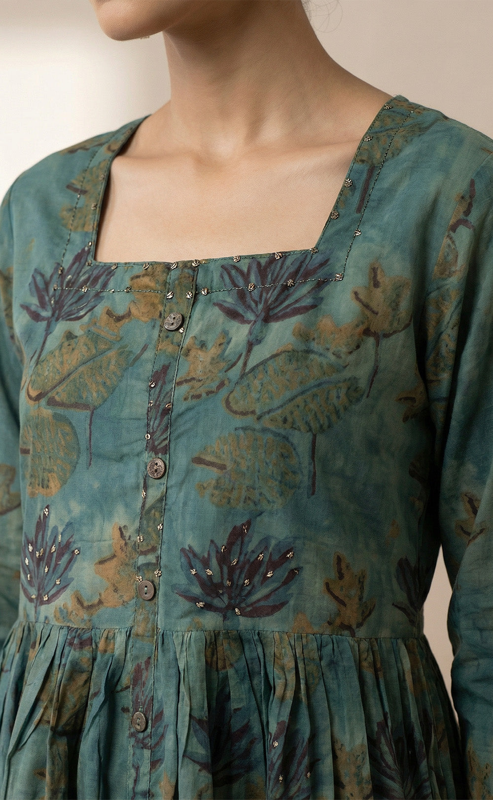 Forest Green Mal Cotton Ghera printed Flair Kurti