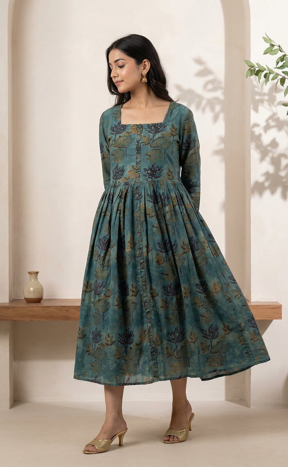 Forest Green Mal Cotton Ghera printed Flair Kurti