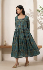 Forest Green Mal Cotton Ghera printed Flair Kurti