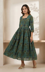 Forest Green Mal Cotton Ghera printed Flair Kurti