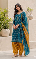 Rama Blue And Yellow Cotton All-Over Printed Patiyala Set