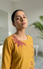 Yellow Roman Silk Kanta Work Kurti Set