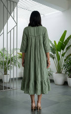 Olive Green Cotton Thread Embroidered Neck Work Flair Kurti