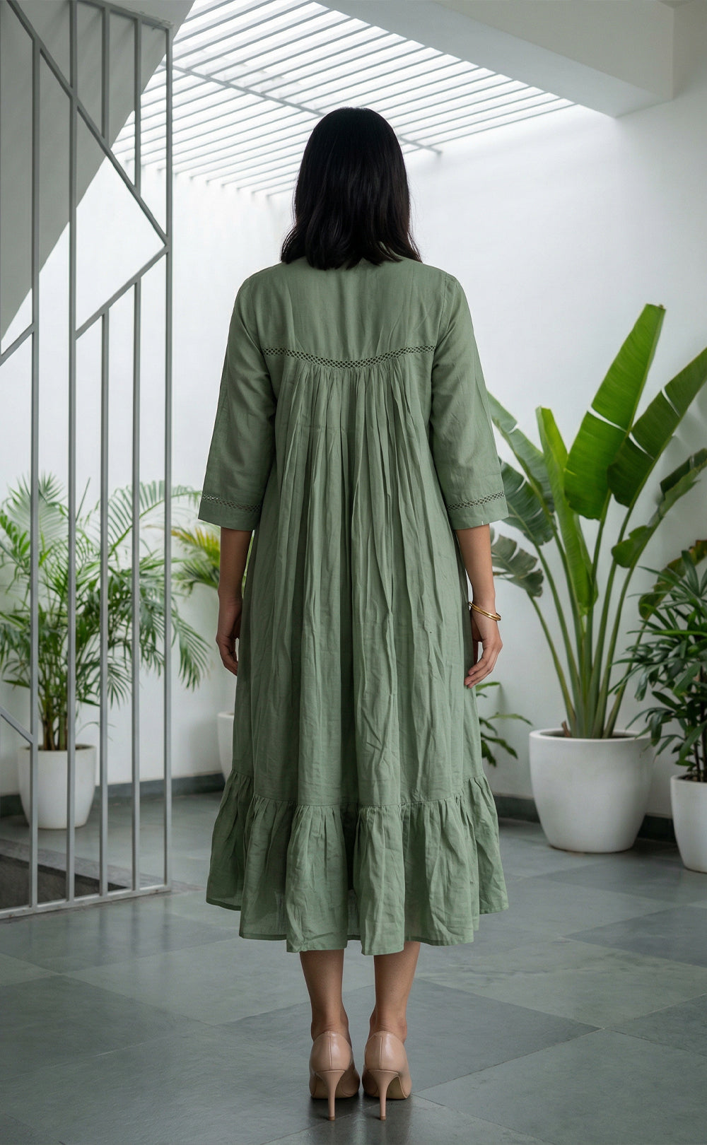 Olive Green Cotton Thread Embroidered Neck Work Flair Kurti