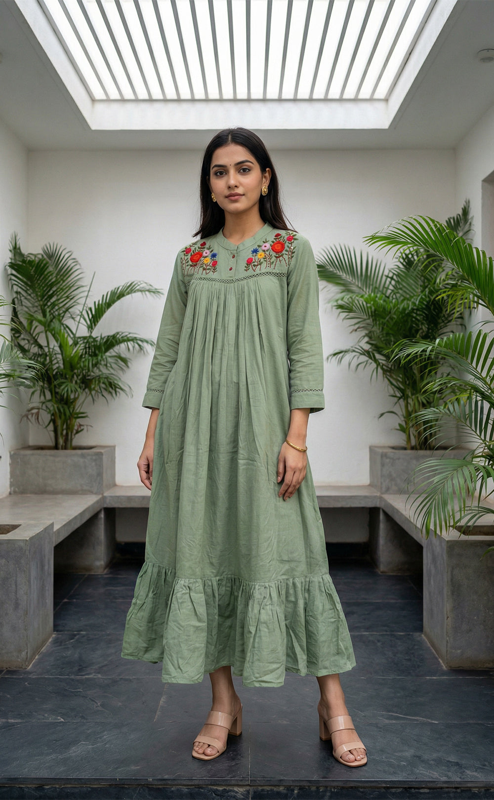 Olive Green Cotton Thread Embroidered Neck Work Flair Kurti