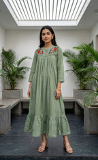 Olive Green Cotton Thread Embroidered Neck Work Flair Kurti