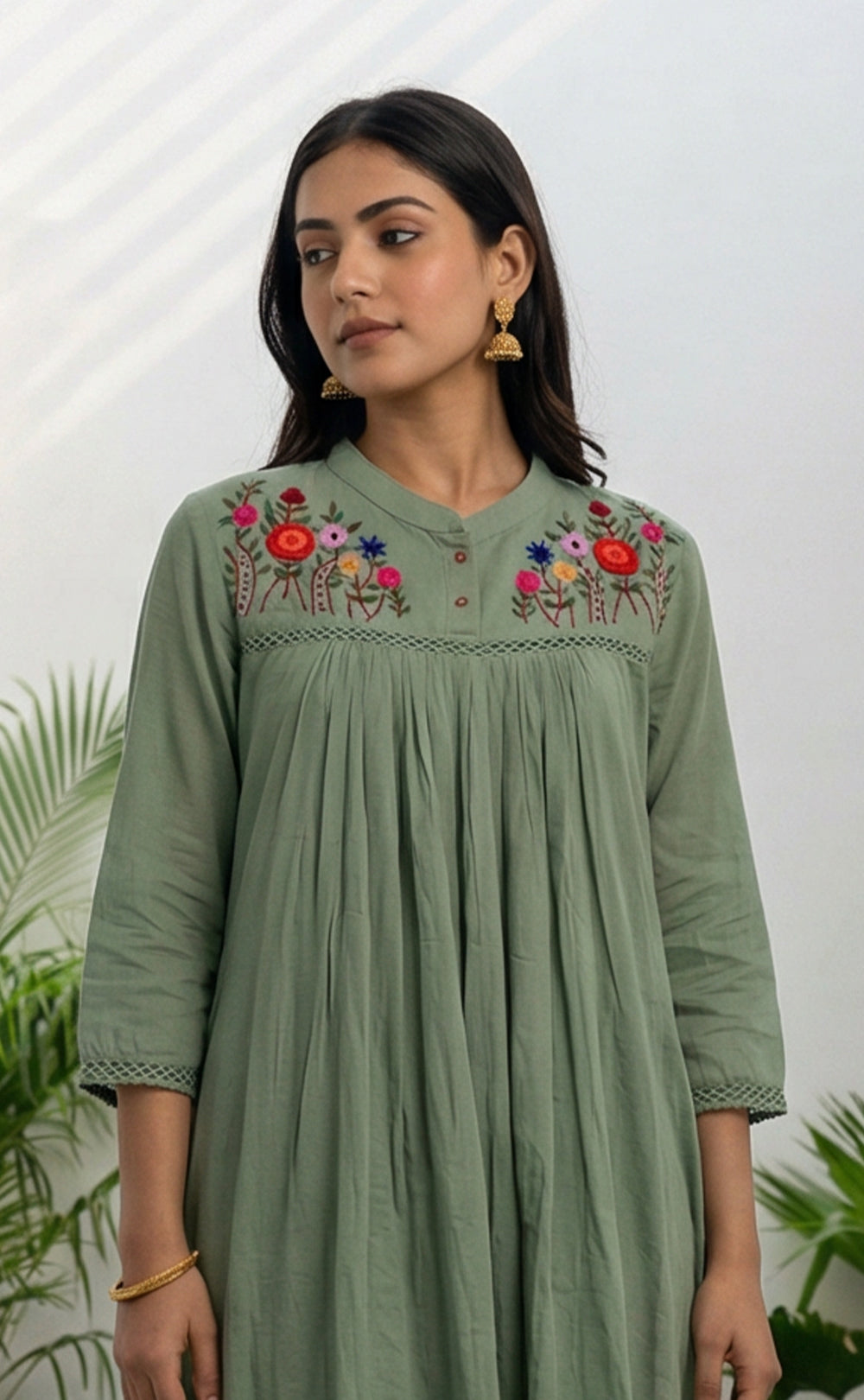 Olive Green Cotton Thread Embroidered Neck Work Flair Kurti
