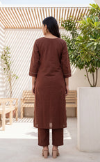 Marron Roman Silk Beats Net Work Kurti Set