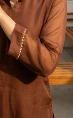 Marron Roman Silk Beats Net Work Kurti Set