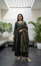 Forest Green Fancy Hand Embroidered Work Flare Kurti Set