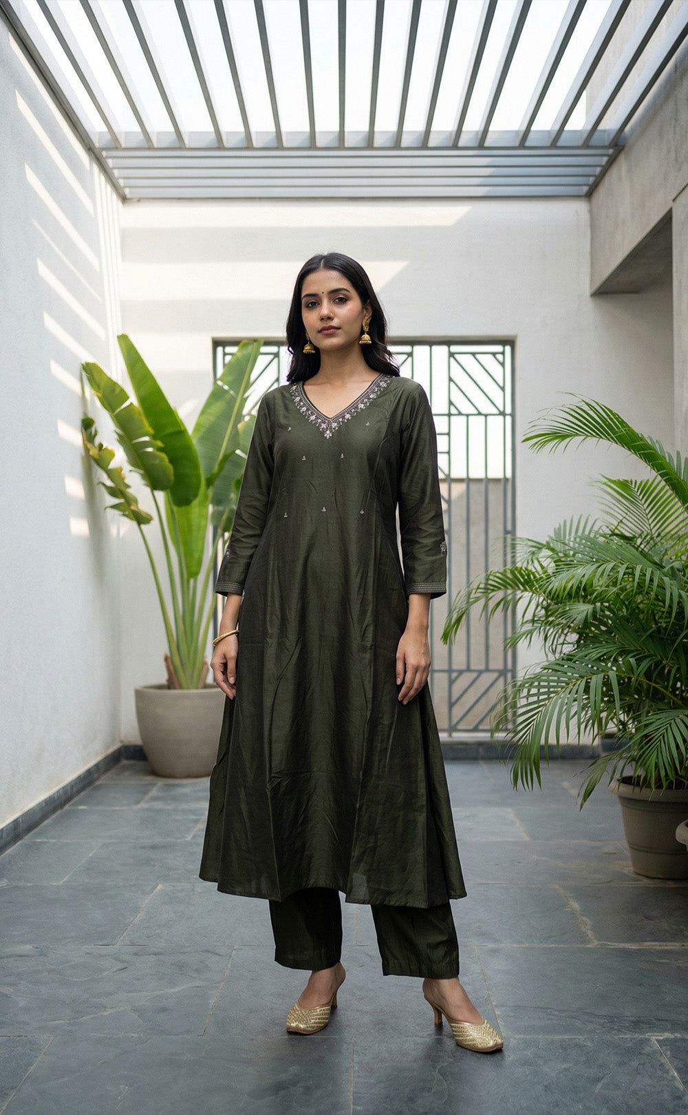 Forest Green Fancy Hand Embroidered Work Flare Kurti Set